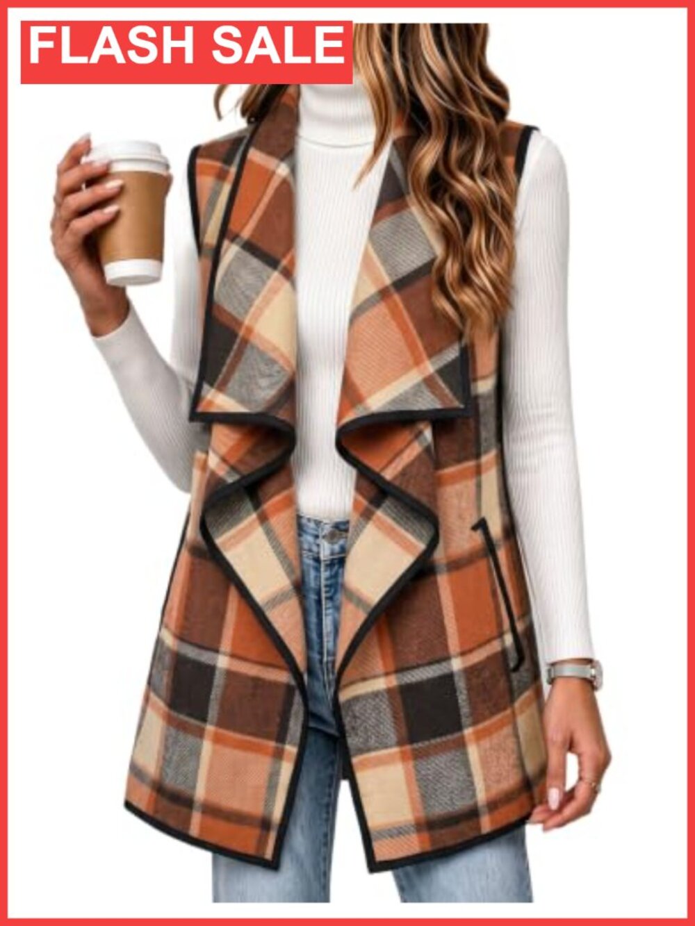 Women Sleeveless Plaid Vest Long Flannel Jacket with Pockets Layering